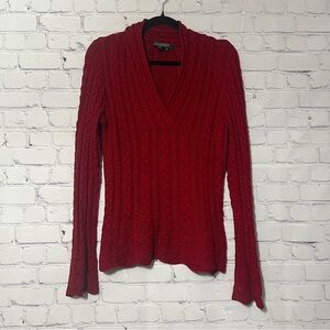 Lauren Ralph Lauren Red Cable Knit V-Neck Sweater Crochet Details MP Fisherman